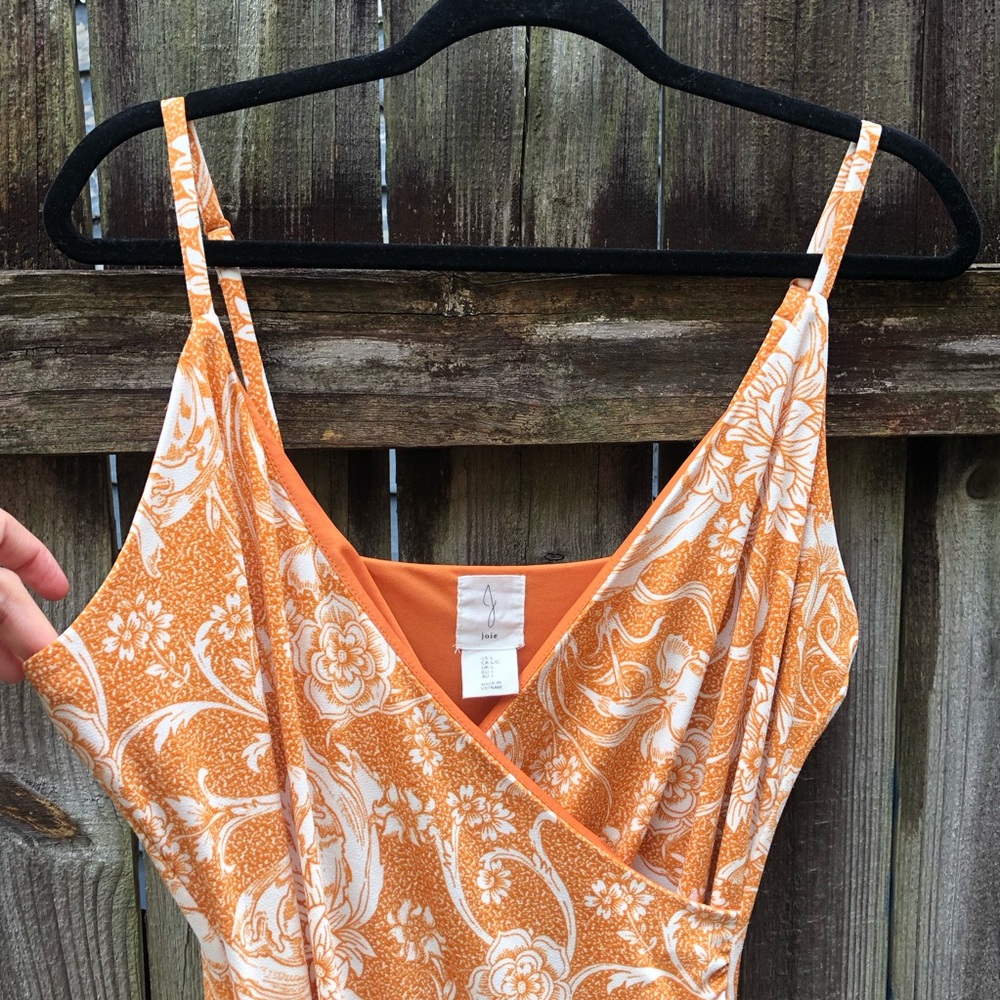 Joie Orange Floral Ruched Crossover Midi Dress Size L Sleeveless Stretch - Picture 2 of 11